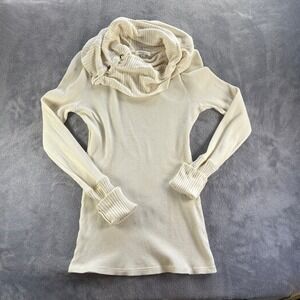 Pure Good Anthropologie Thermal Top Women L Ivory Waffle Knit Cowl Neck Layering